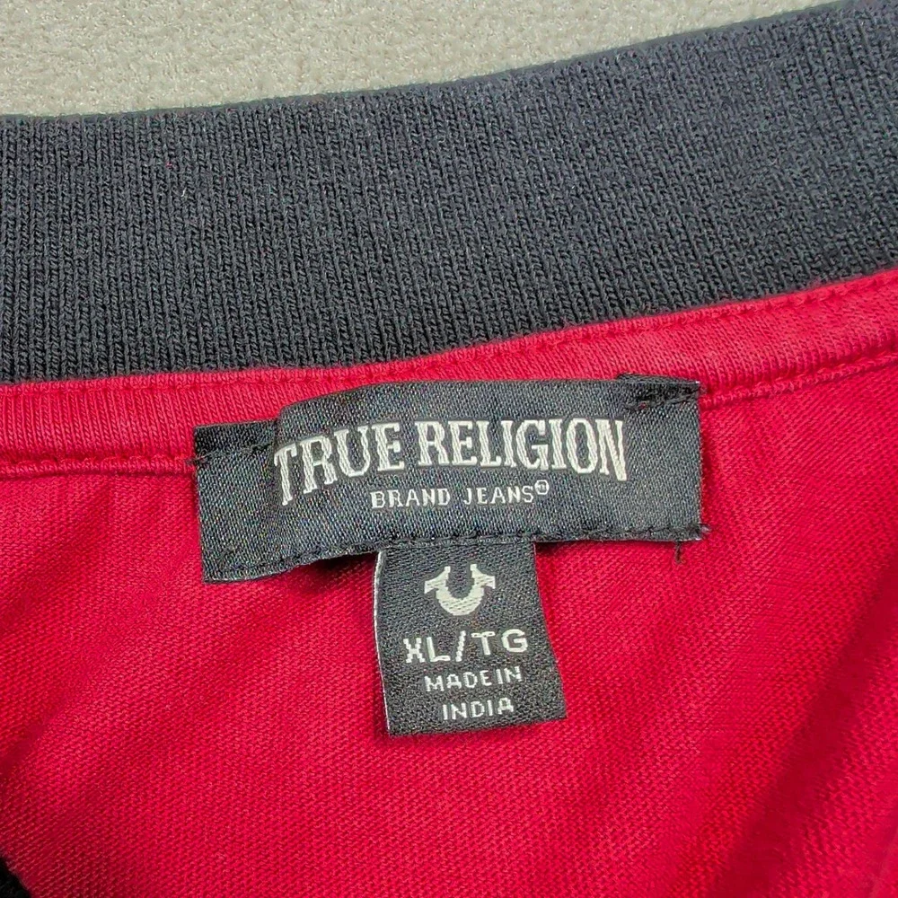 True Religion Polo XL Mens Red Black Buddha Logo Graphic Y2K Cotton Short Sleeve